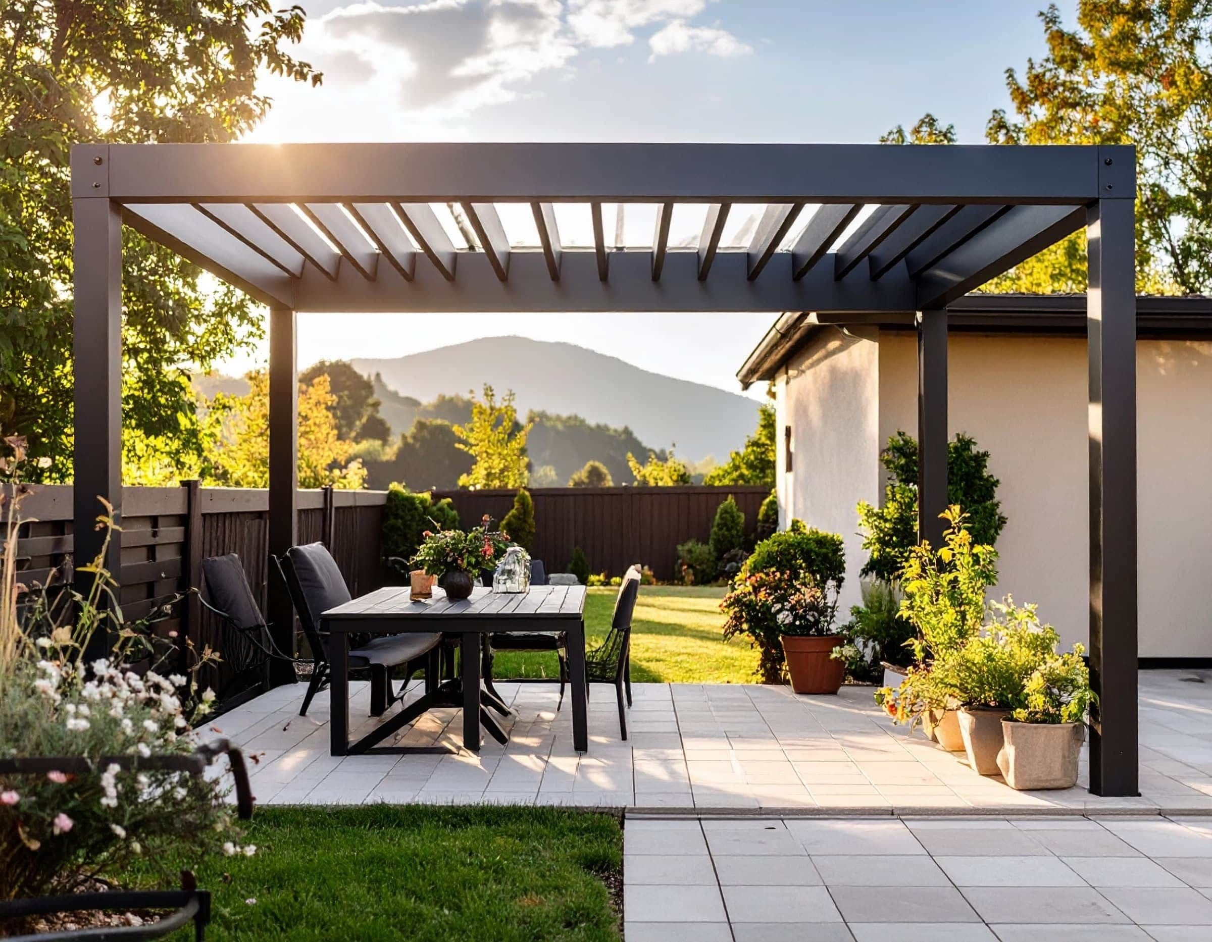 Pergola med justerbara taklameller i kvällssol