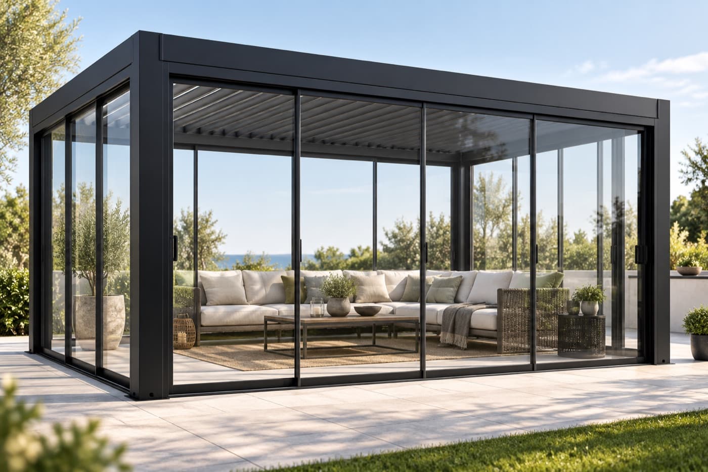 Fristående pergola inglasad med glaspartier runt om, med en loungegrupp innanför och havet i bakgrunden