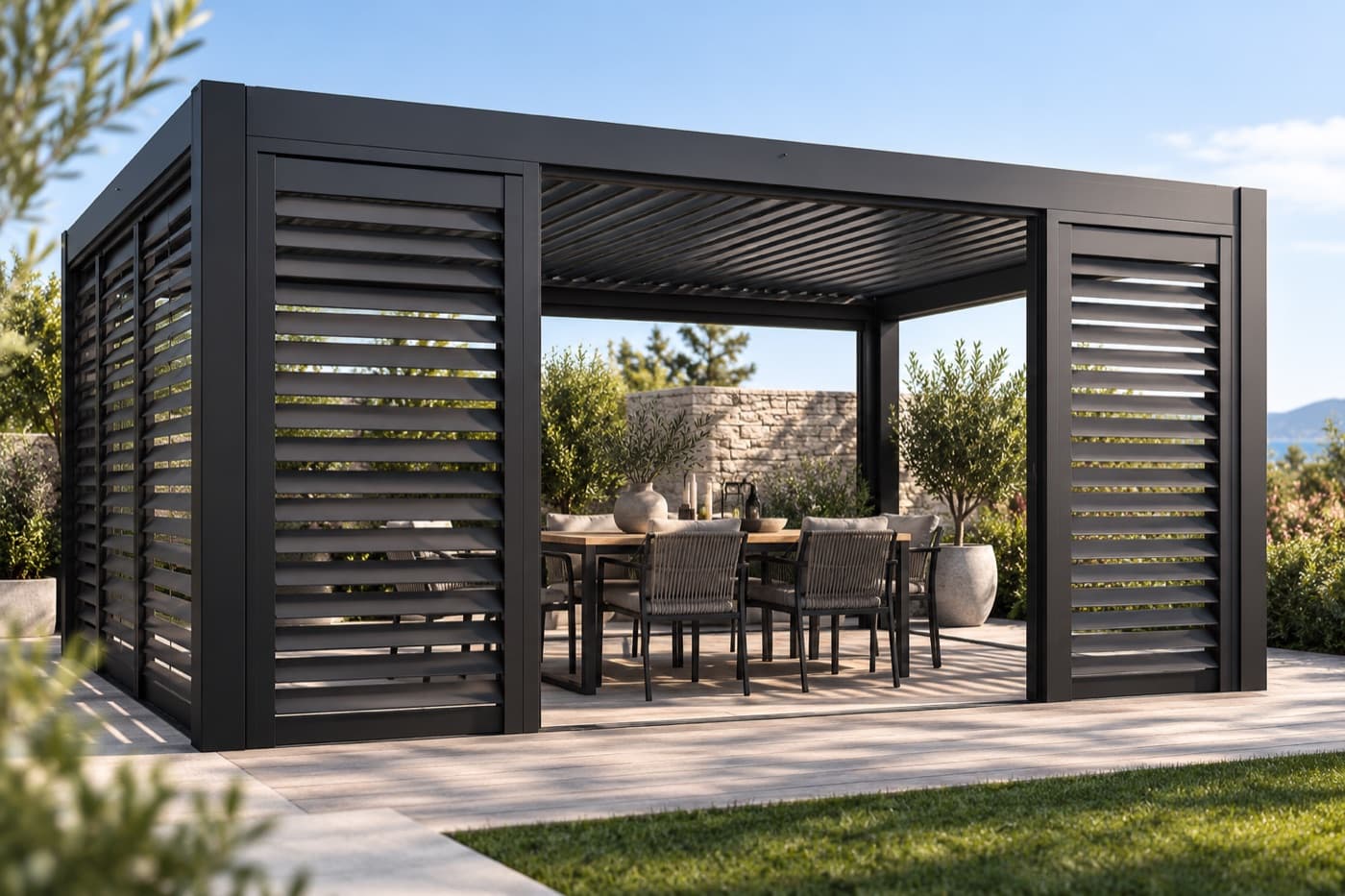 Pergola med vridbara jalusilameller i aluminium på båda sidor om en matplats