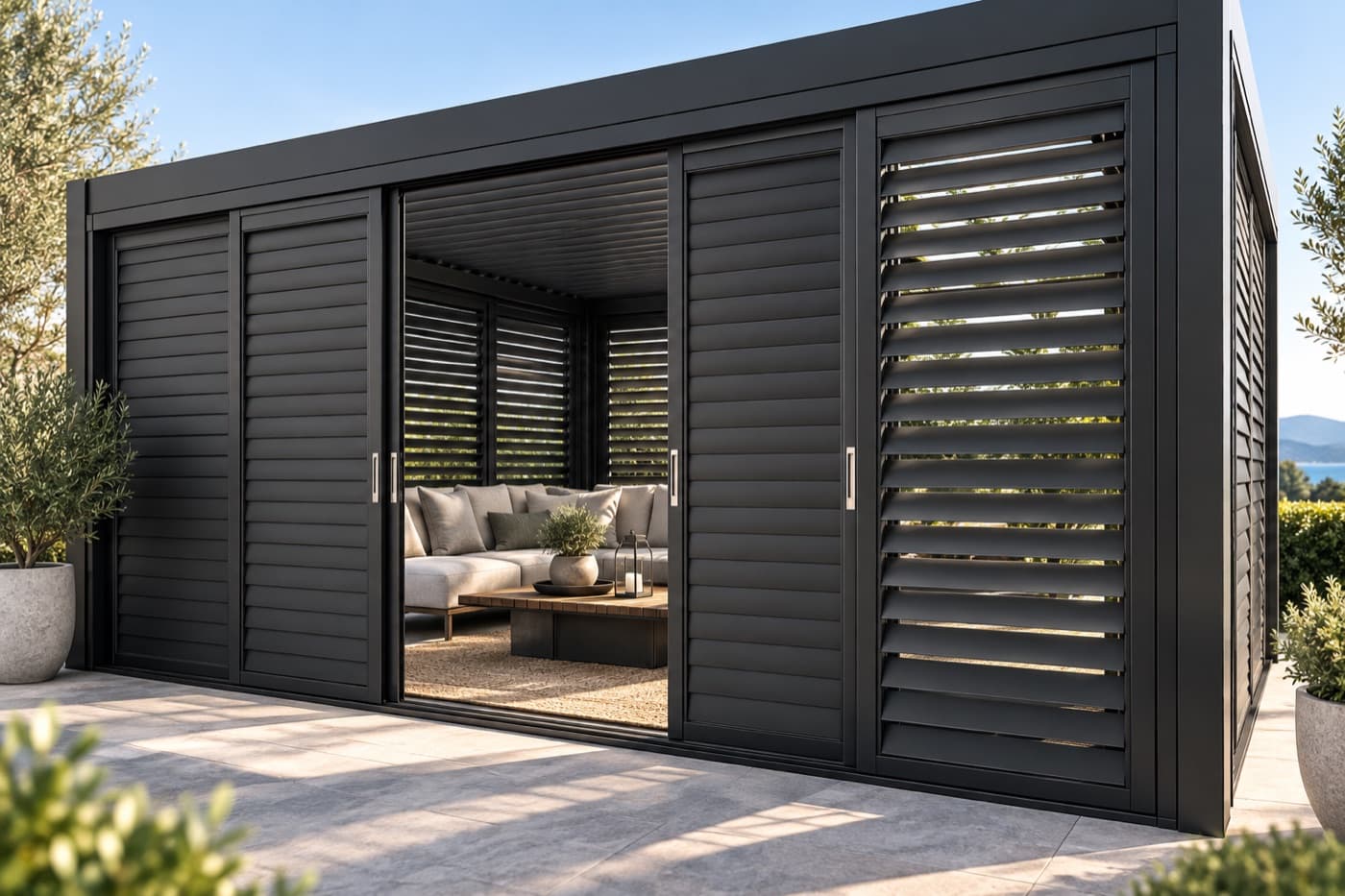 Pergola med skjutbara partier i svart aluminium på långsidan, delvis öppnade mot en loungegrupp med jalusivägg innanför