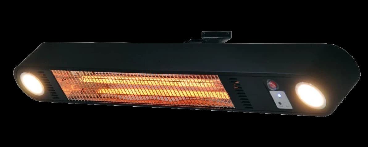 Frilagd bild på värmelampan, med glödande värmeelement och en tänd lampa i vardera änden